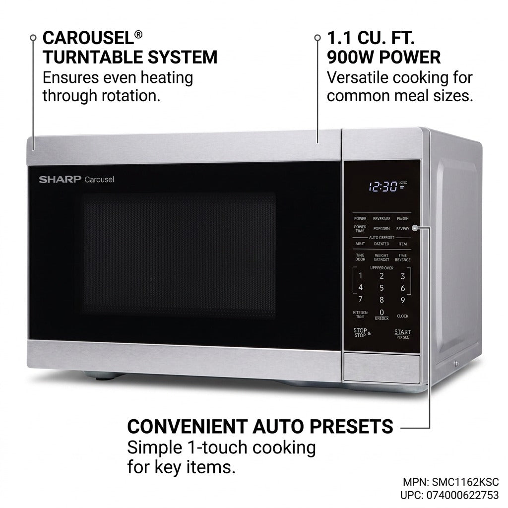 Sharp SMC1162KSC microwave with carousel turntable, capacity, and auto preset callouts