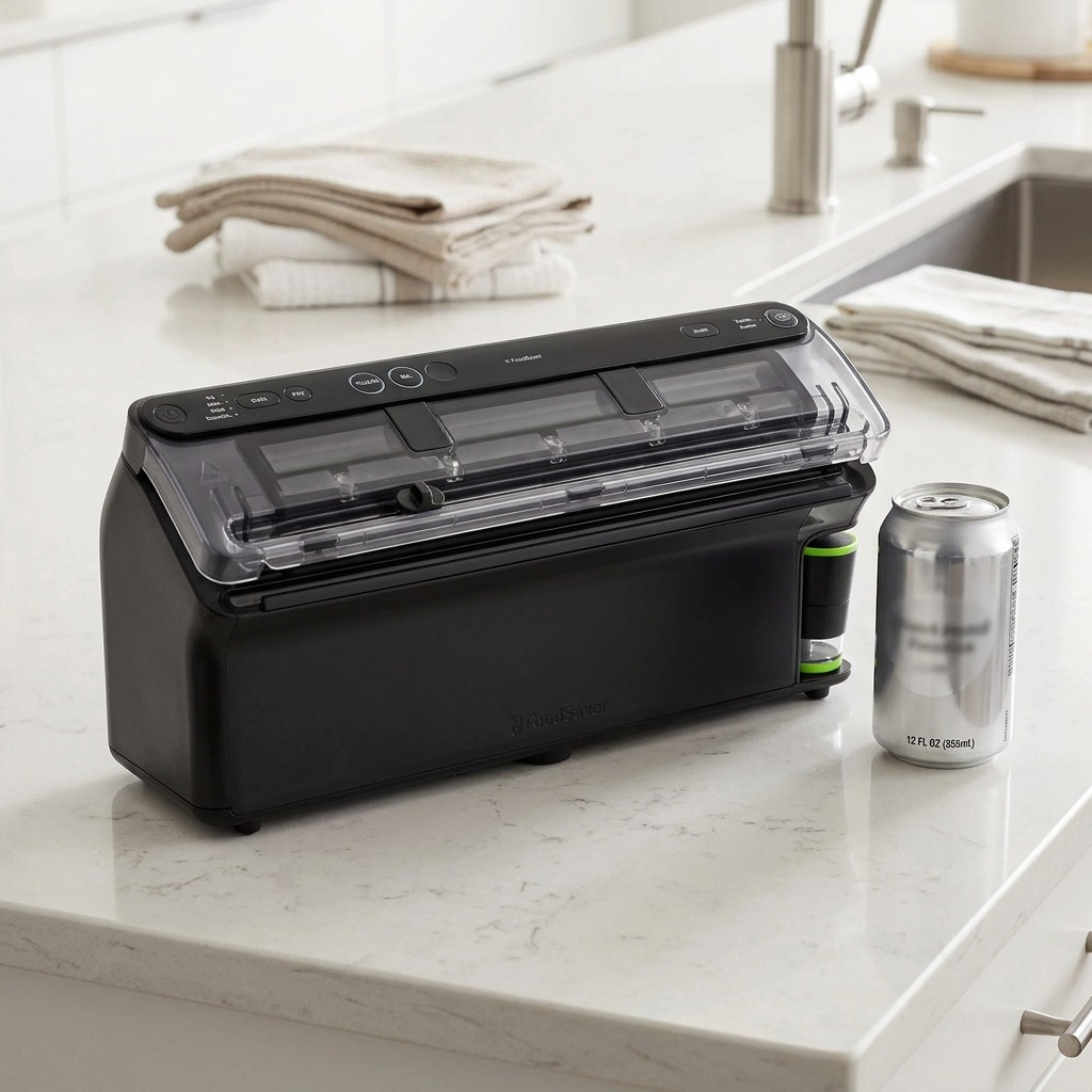 FoodSaver Elite VS5910 vacuum sealer on kitchen island with soda can for scale