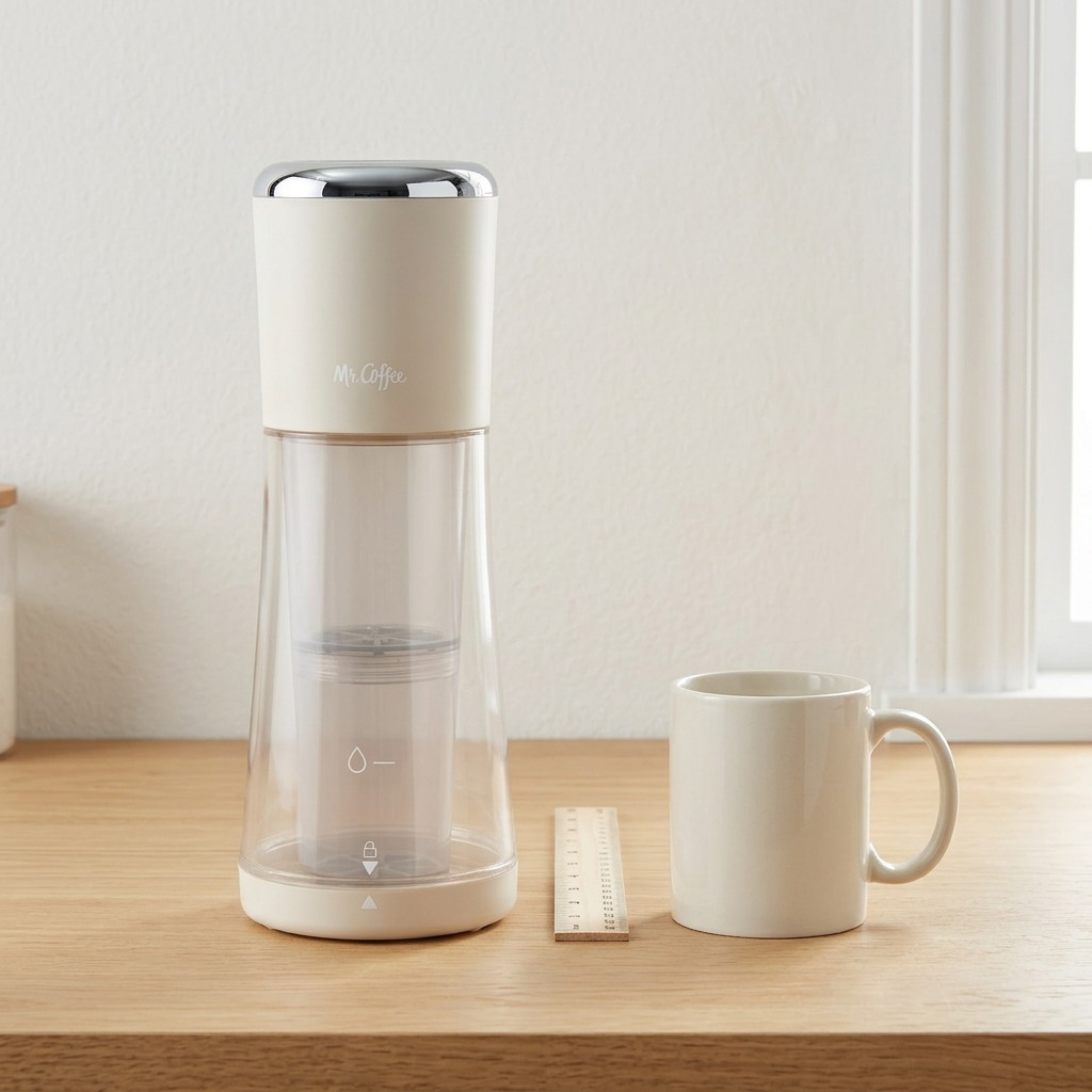 A side-by-side comparison image contrasting the Mr. Coffee Express Cold Brew Maker with a standard beverage mug for size reference.