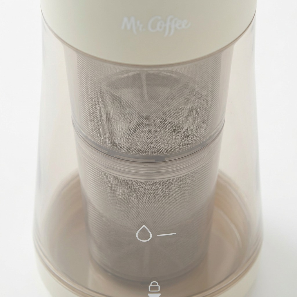 A macro photograph of the Mr. Coffee Express Cold Brew Maker's stainless steel mesh filter.