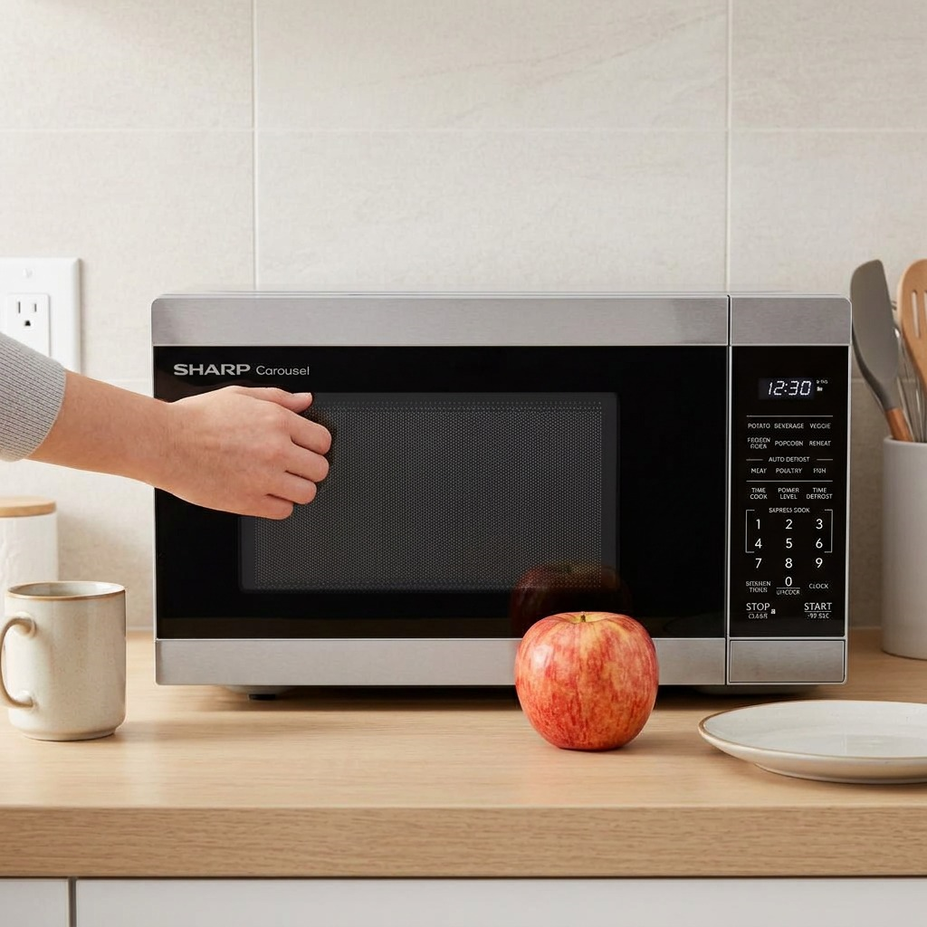 Sharp SMC0962KSC microwave on kitchen counter with mug for size reference