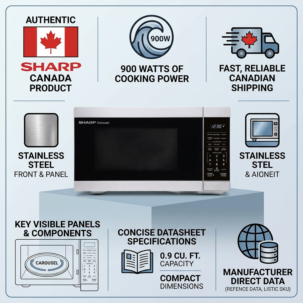 Sharp SMC0962KSC microwave specifications and Canadian shipping trust infographic