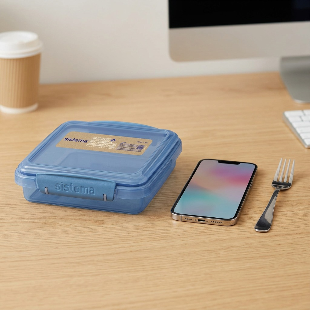 Sistema Eco Sandwich Box 450mL size reference with common items