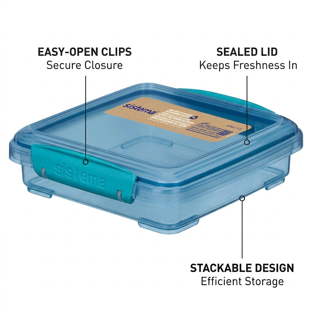 Sistema Eco Sandwich Box easy-open clip, secure lid seal, and 450mL capacity callouts