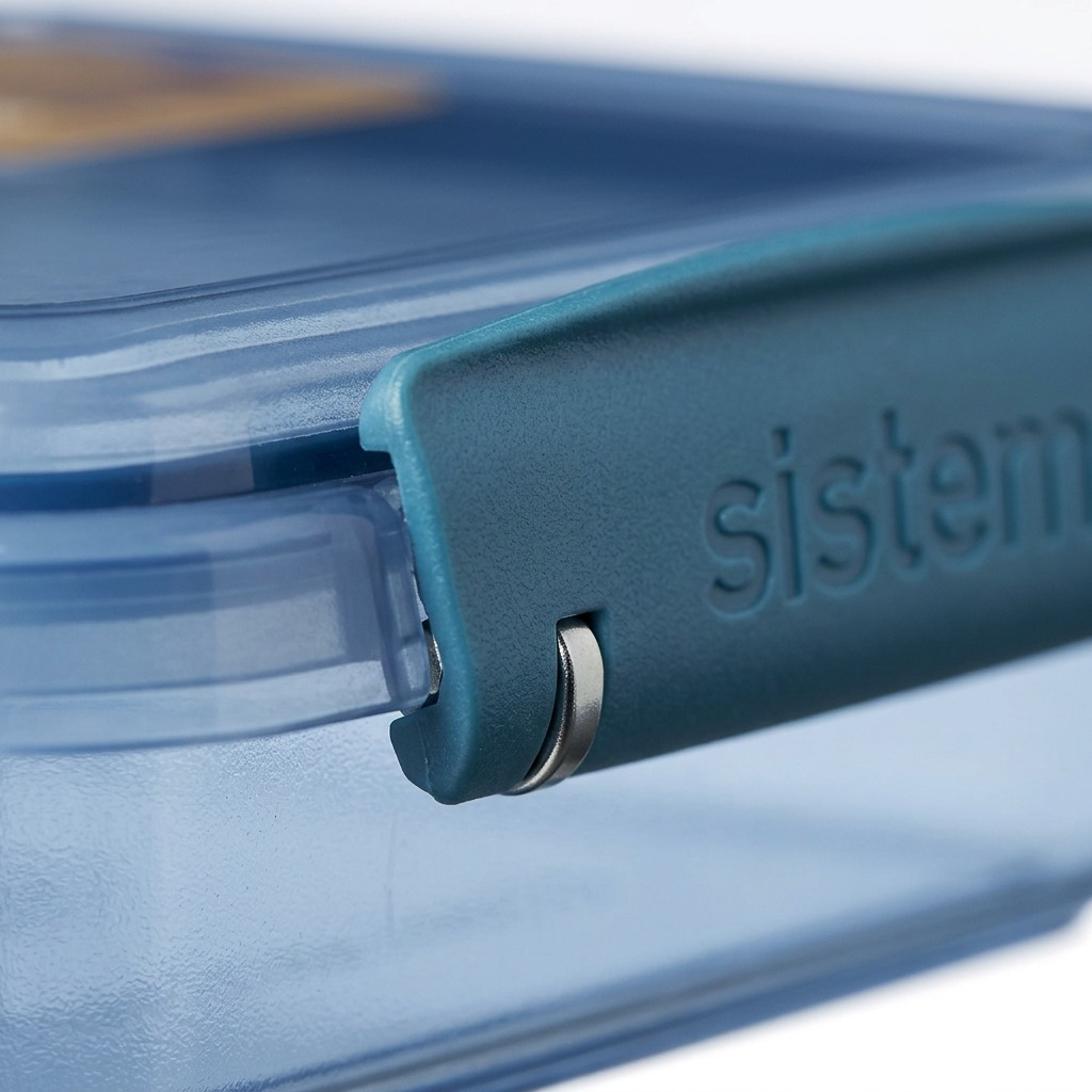 Sistema Eco Sandwich Box Ocean Bound Plastic latch and interlocking mechanism close-up