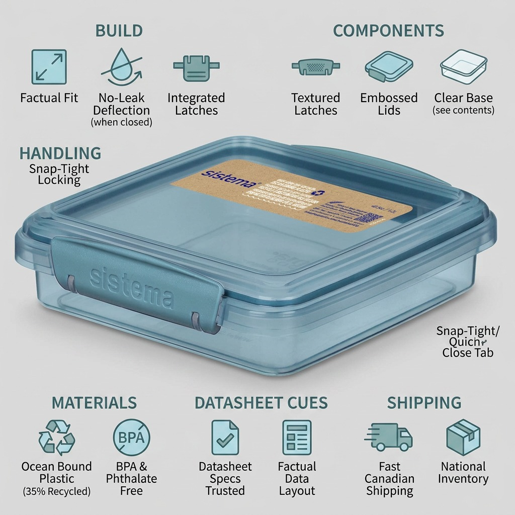 Sistema Eco Sandwich Box build, materials, and Canadian shipping infographic