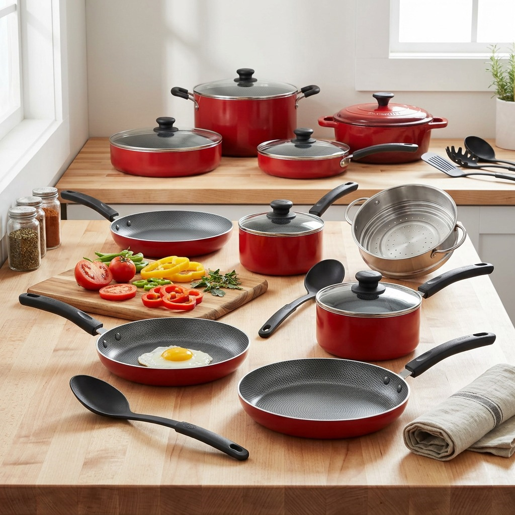 A modern lifestyle shot of the Tramontina red 18pc non-stick aluminum cookware set on a butcher block counter, with natural kitchen light.