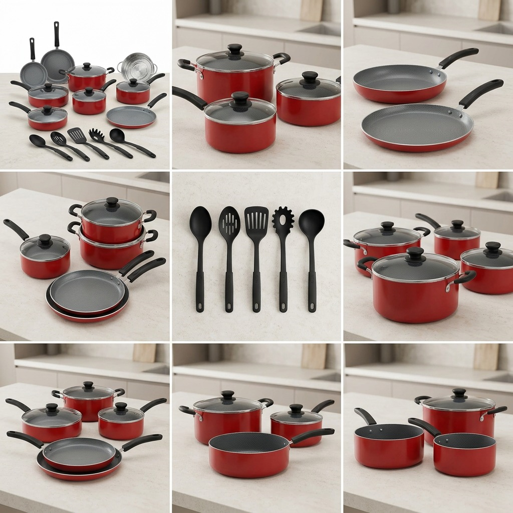 Grid display showing the Tramontina red cookware set from various useful kitchen use angles. Same set, different views.