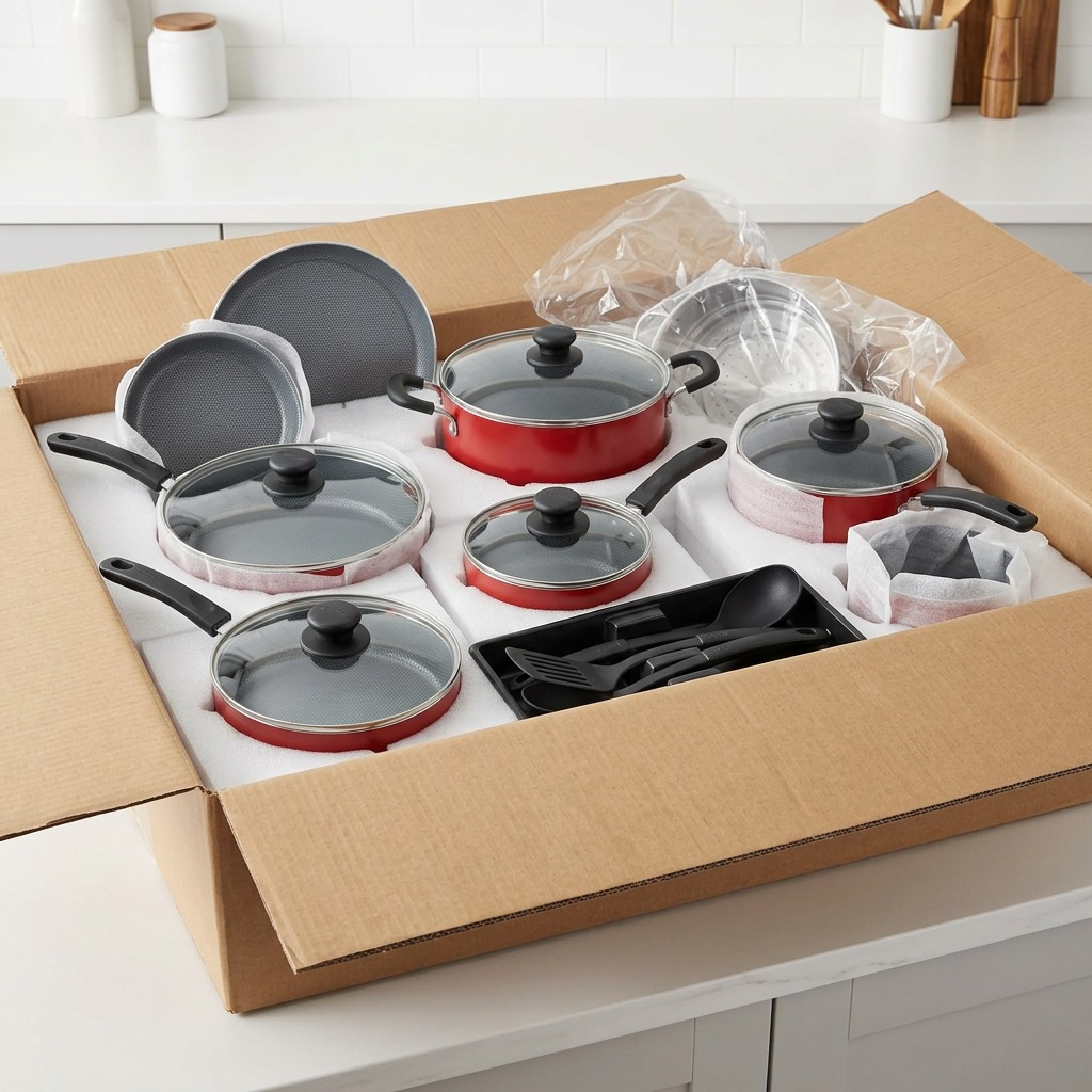 A sturdy, partially opened delivery box showing protected cookware components from the Tramontina 18 Pc Set, including a red pot and utensils in molded foam, on a kitchen counter.