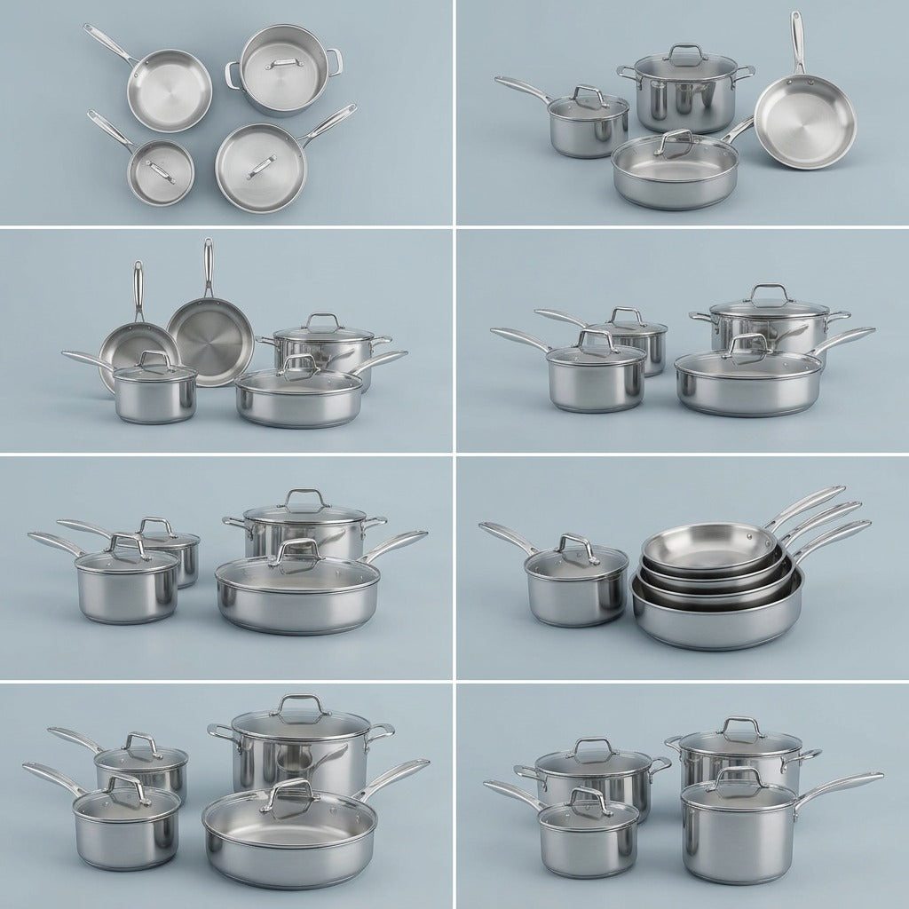 An eight-panel visual grid showing the 10-piece Tramontina Tempo cookware set from multiple perspectives.