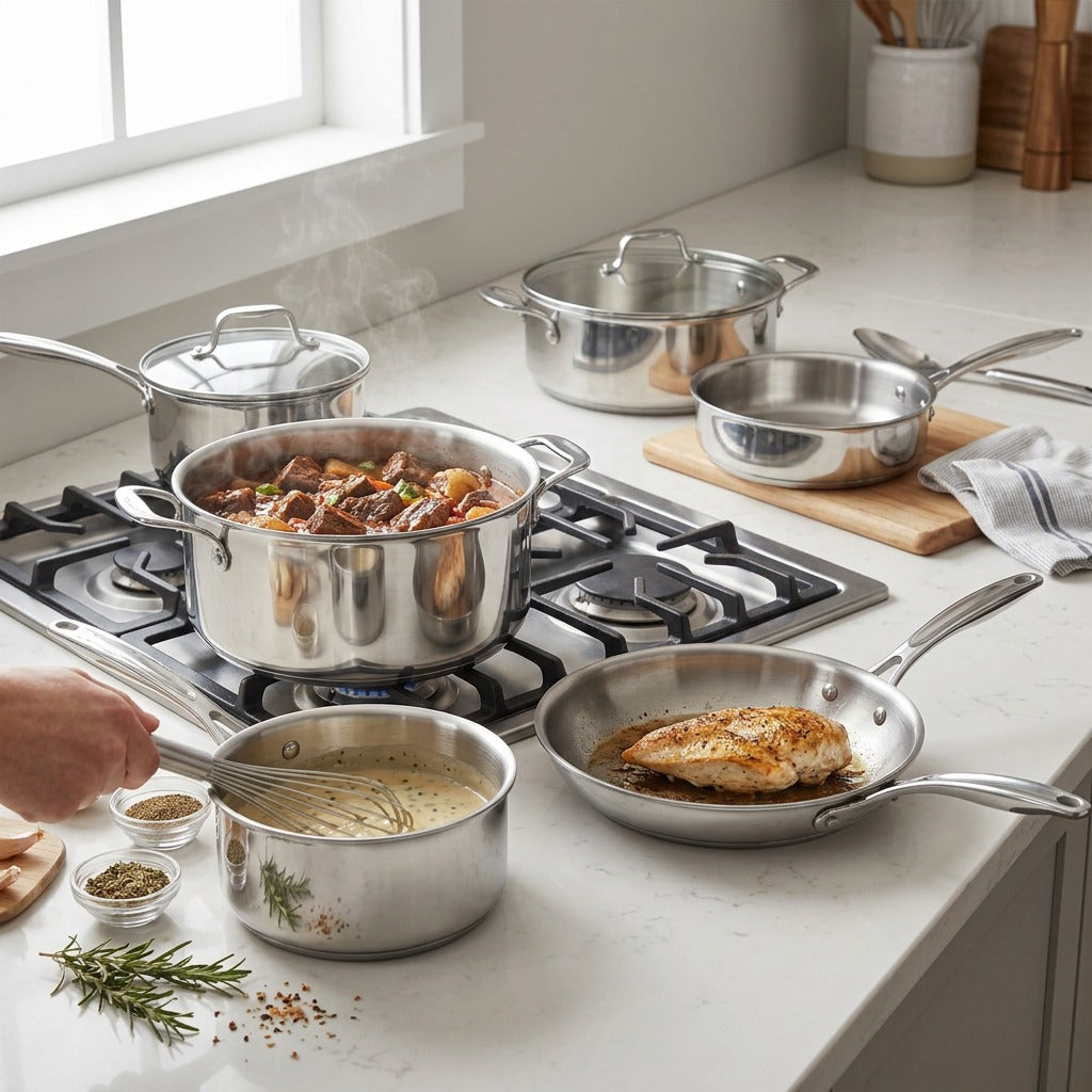 Lifestyle image: The 10-piece Tramontina stainless steel cookware set in use within a modern kitchen setting.