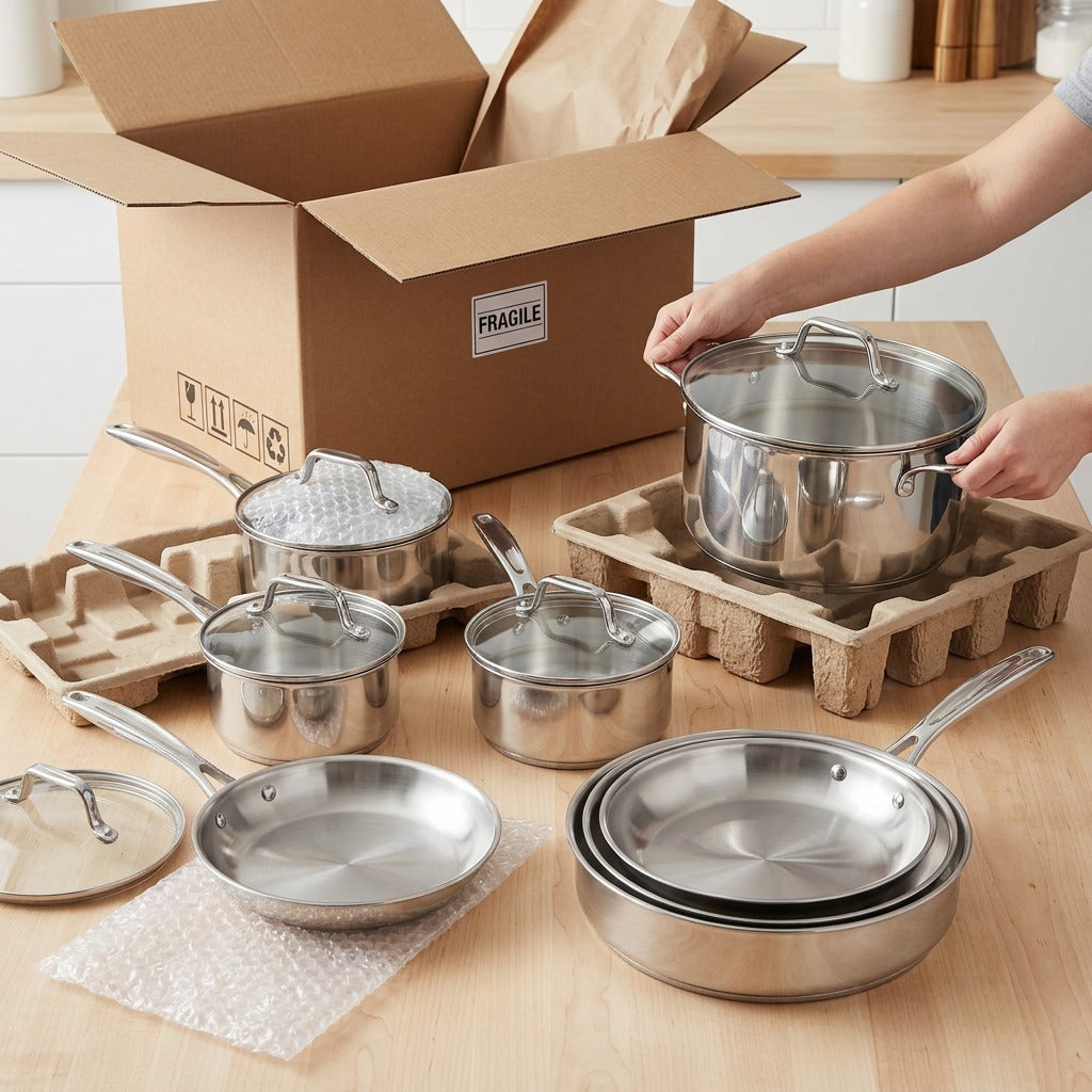 Detailed product-led photo of Tramontina cookware set securely unboxed from protective neutral packaging on a countertop.
