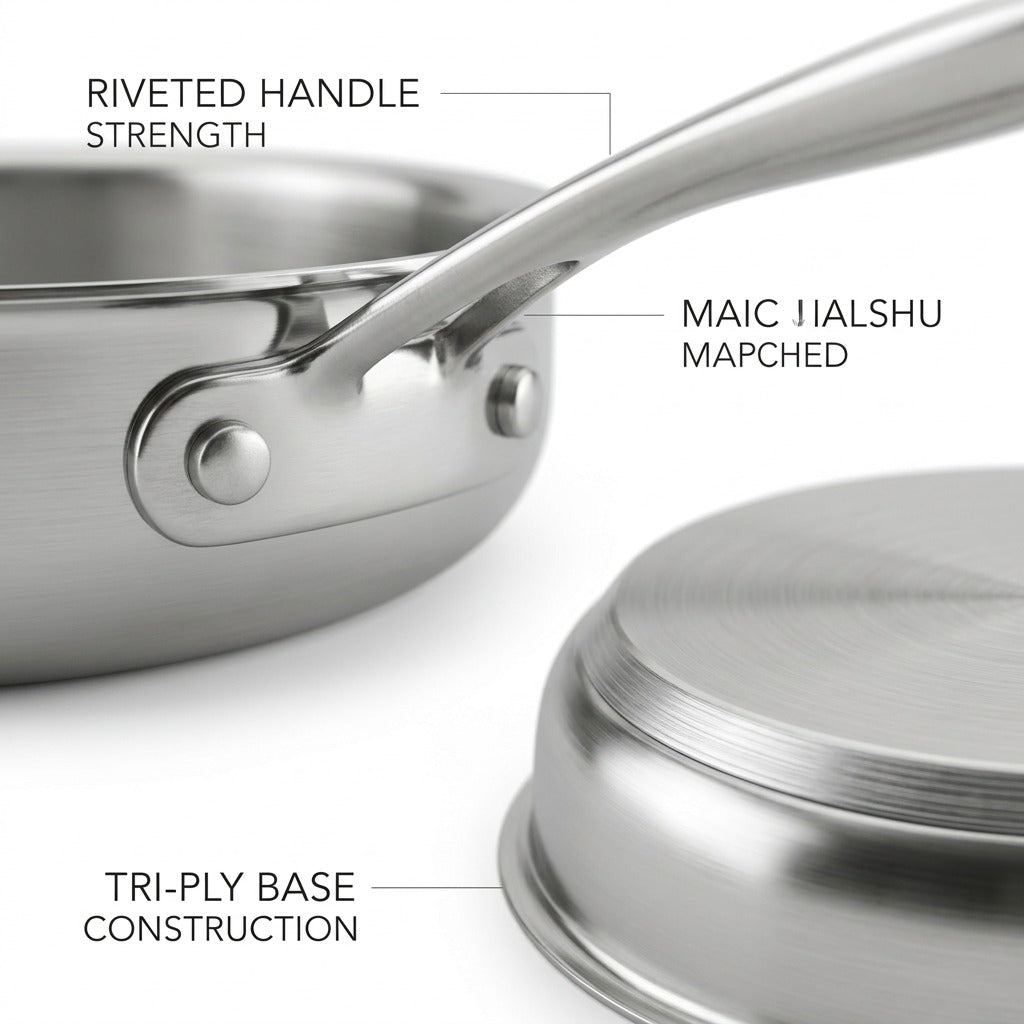 Macro photograph focusing on the riveted handle connection of a stainless steel saucepan.