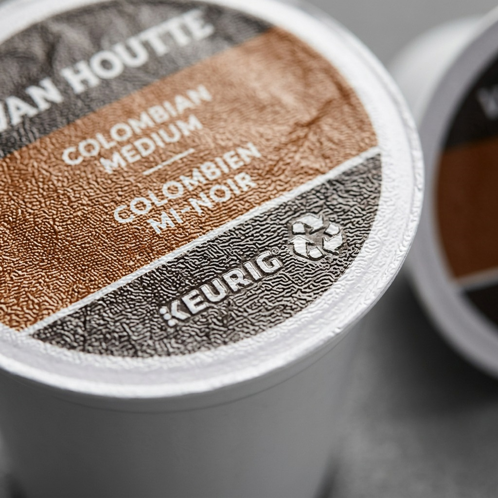 An extreme macro photograph detailing the textured foil lid and embossed KEURIG logo on a coffee K-Cup.