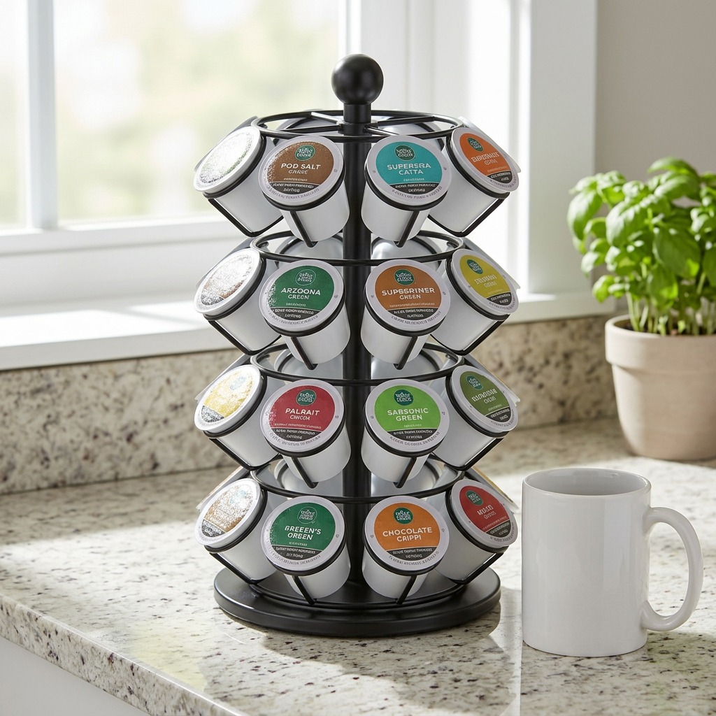 Keurig K-Cup Pod Carousel 36-Pod size comparison with ceramic coffee mug