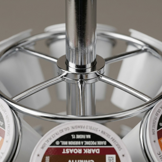 Keurig K-Cup Pod Carousel chrome joint and K-Cup pod close-up