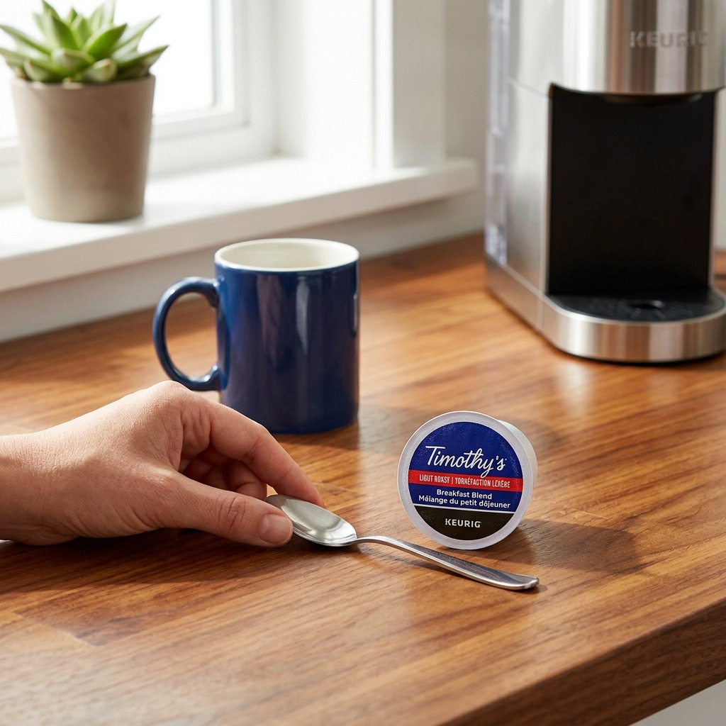 Timothy's Breakfast Blend K-Cup pod on desk with kitchen utensils for scale