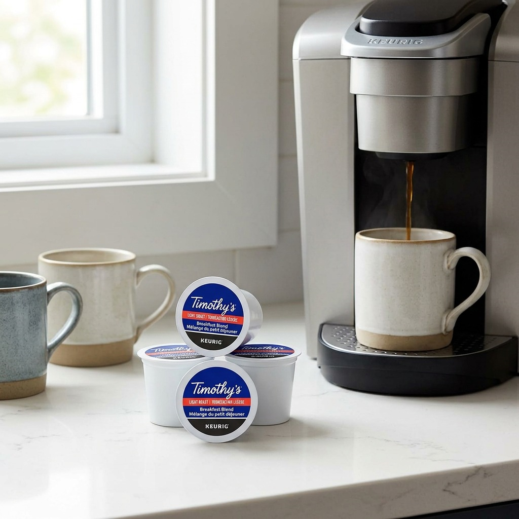 Timothy's Breakfast Blend K-Cups with brewed mug on kitchen counter
