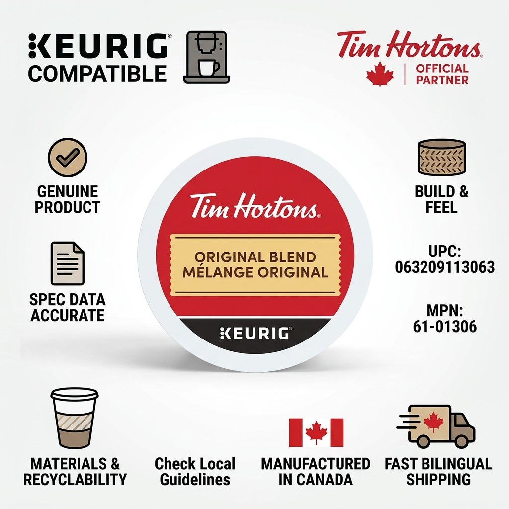 Tim Hortons Original Blend K-Cups compatibility and Canadian shipping infographic