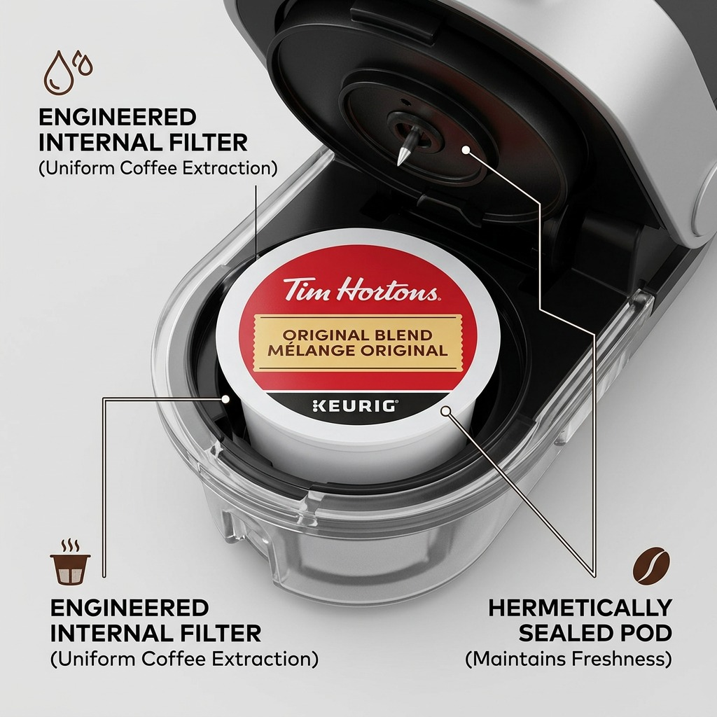Tim Hortons Original Blend K-Cup in brewer with internal filter and sealed pod callouts