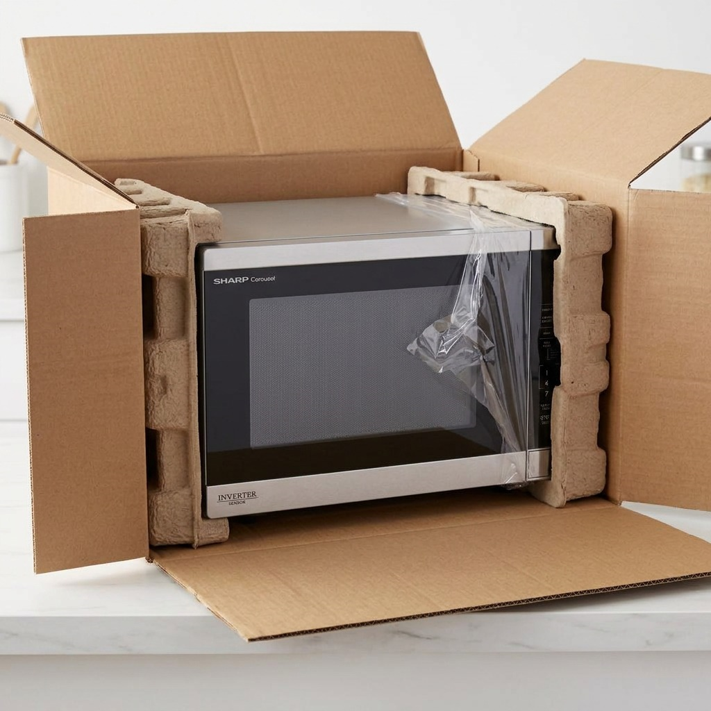 Sharp SMC1464KSC microwave unboxing on wooden countertop