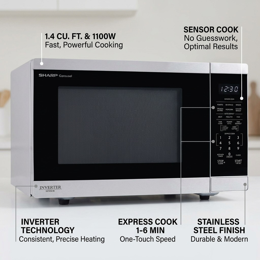 Sharp SMC1464KSC microwave feature callout — Inverter, Sensor Cook, and power specs