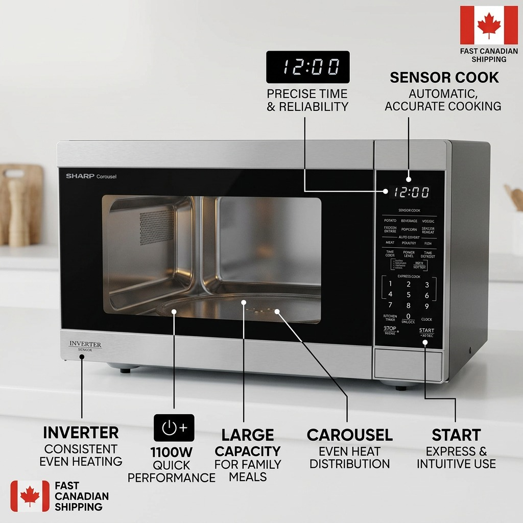 A point-by-point operational feature callout graphic for the SHARP SMC1664KSC microwave oven for the Canadian market.