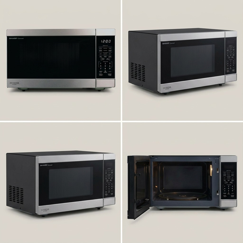 SHARP SMC1664KSC microwave displayed in three views: front-face, angled side and an open-door view.