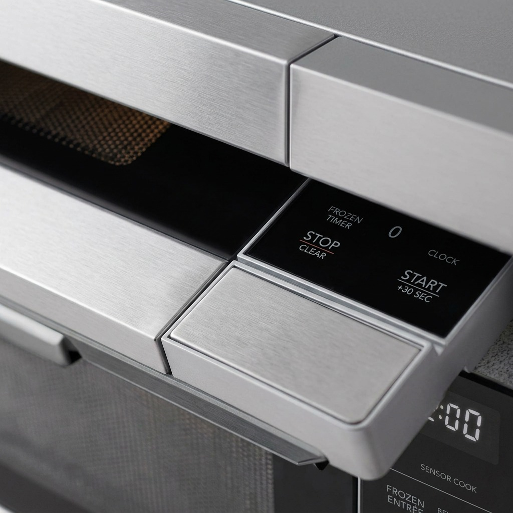 Extreme close-up of the stainless steel control panel, showing time display, touch buttons, and a visible mesh through the door window.