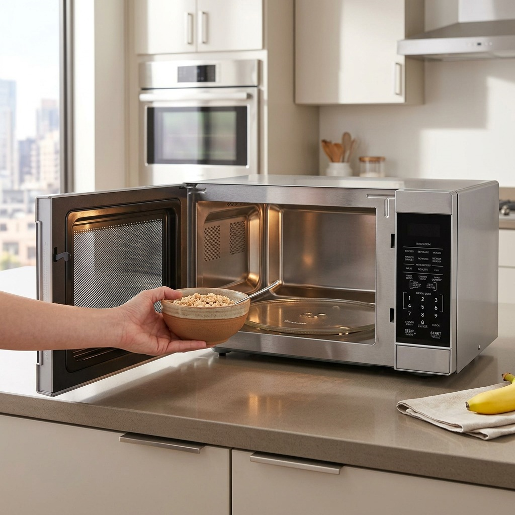 Lifestyle photo of the Sharp SMC1664KSC stainless steel microwave on a modern kitchen counter with a ceramic bowl.