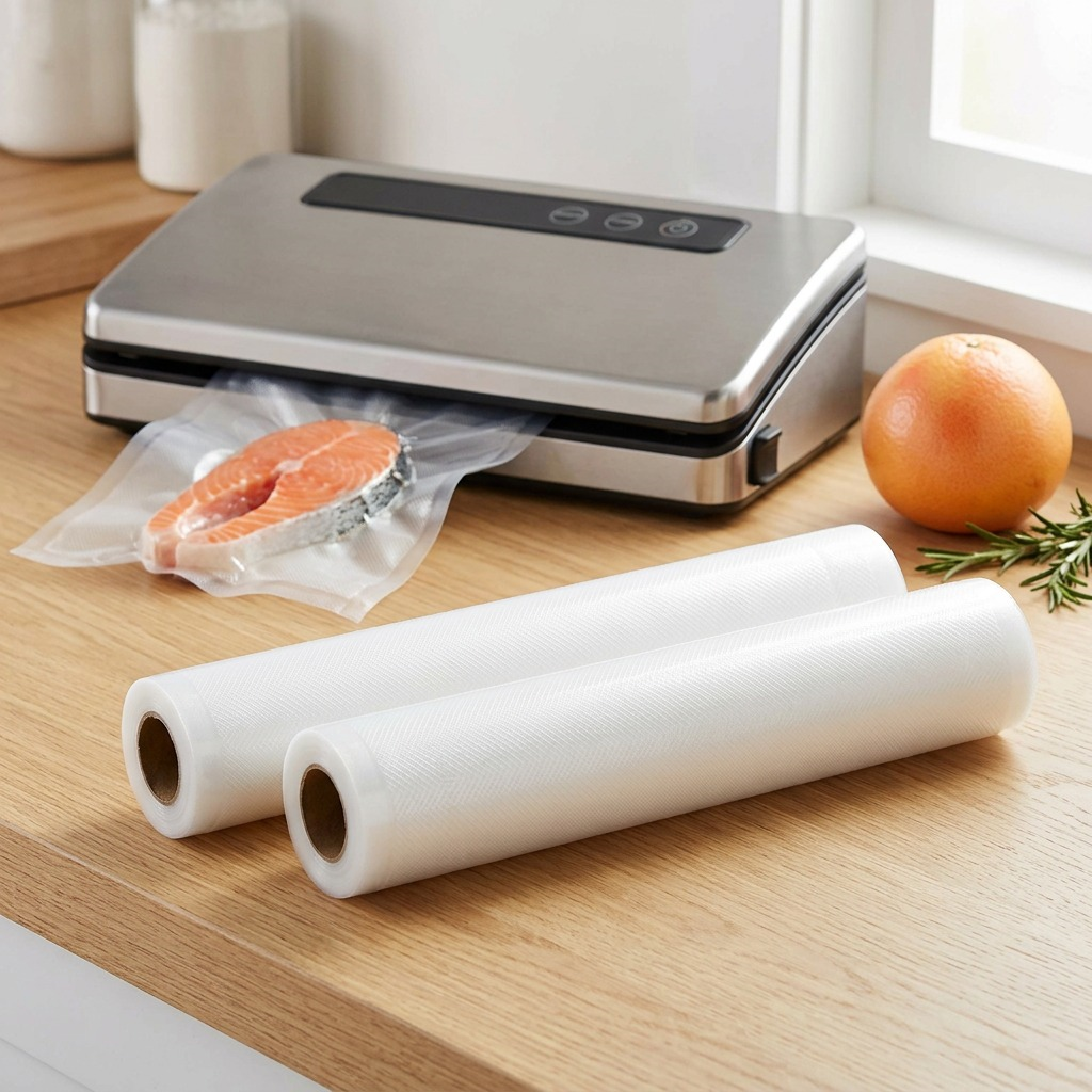 FoodSaver Vacuum Sealer Bag rolls next to vacuum sealer machine