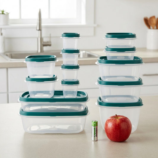 AA battery and apple provide scale for deep green teal Rubbermaid storage set.