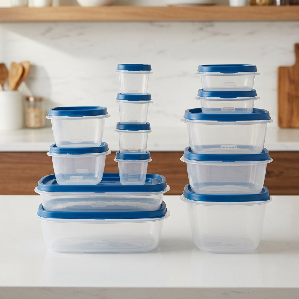 A realistic kitchen counter shot of the 26-piece Rubbermaid EFL container set, organized with blue lids.