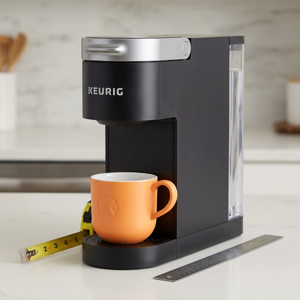 Keurig K-Slim Single-Serve Coffee Maker Black with mug and ruler for scale