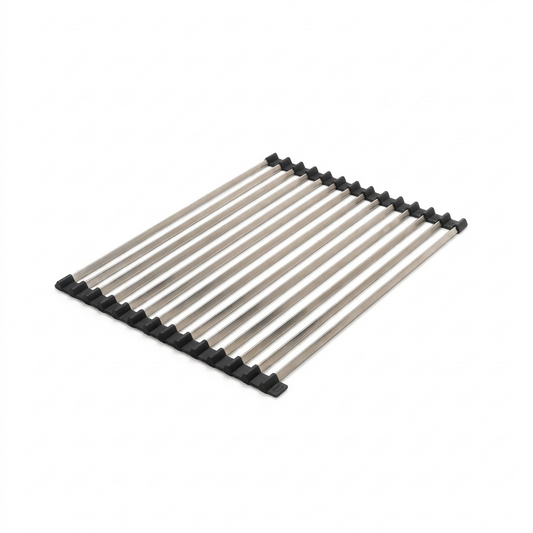 A high-resolution product shot of the Happy Sinks Roll-Up Dish Drying Rack with stainless steel rods.