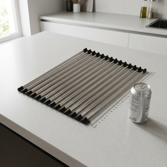 A scale-reference image showing the Happy Sinks roll-up drying rack positioned beside a standard soda can (355ml) on a clean kitchen countertop. The metallic rods and black silicone components are clearly visible, illustrating the 46x32 cm size against a familiar object. The background is a slightly blurred, modern kitchen. Natural light.