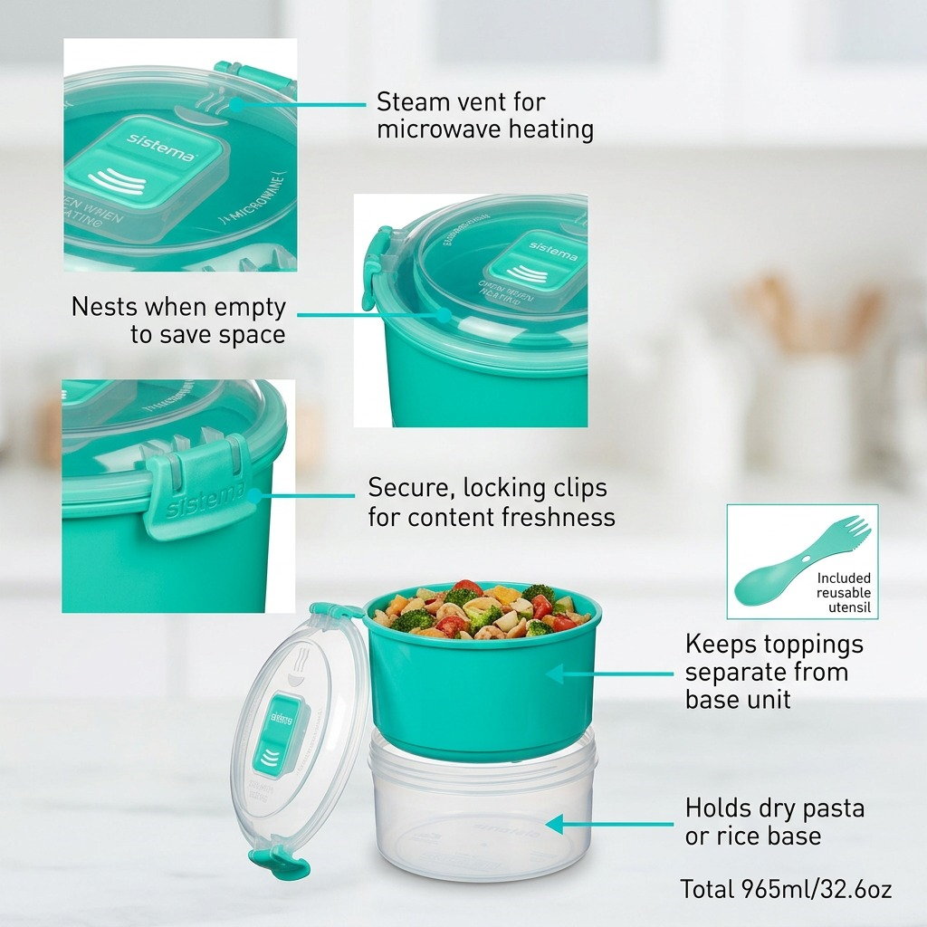 Sistema Lunch Stack To Go 965mL steam vent, nesting, locking, sections, and spork callouts