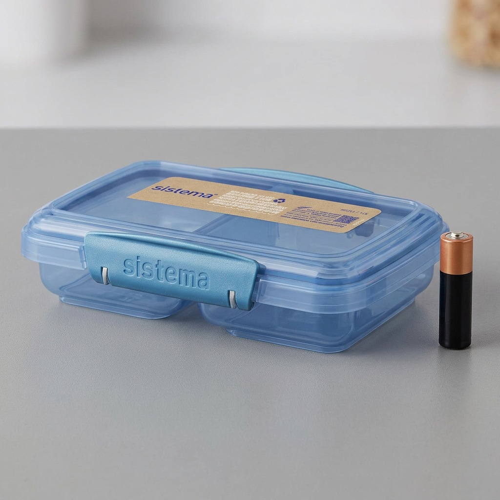 A view of the Sistema container next to a standard AA battery for scale.