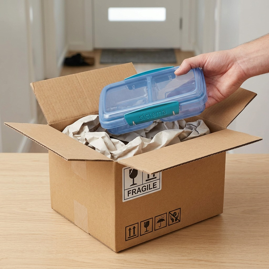 A close-up photograph of the Sistema Ocean Bound Plastic food container in its brown cardboard shipping box, cushioned with internal paper padding.