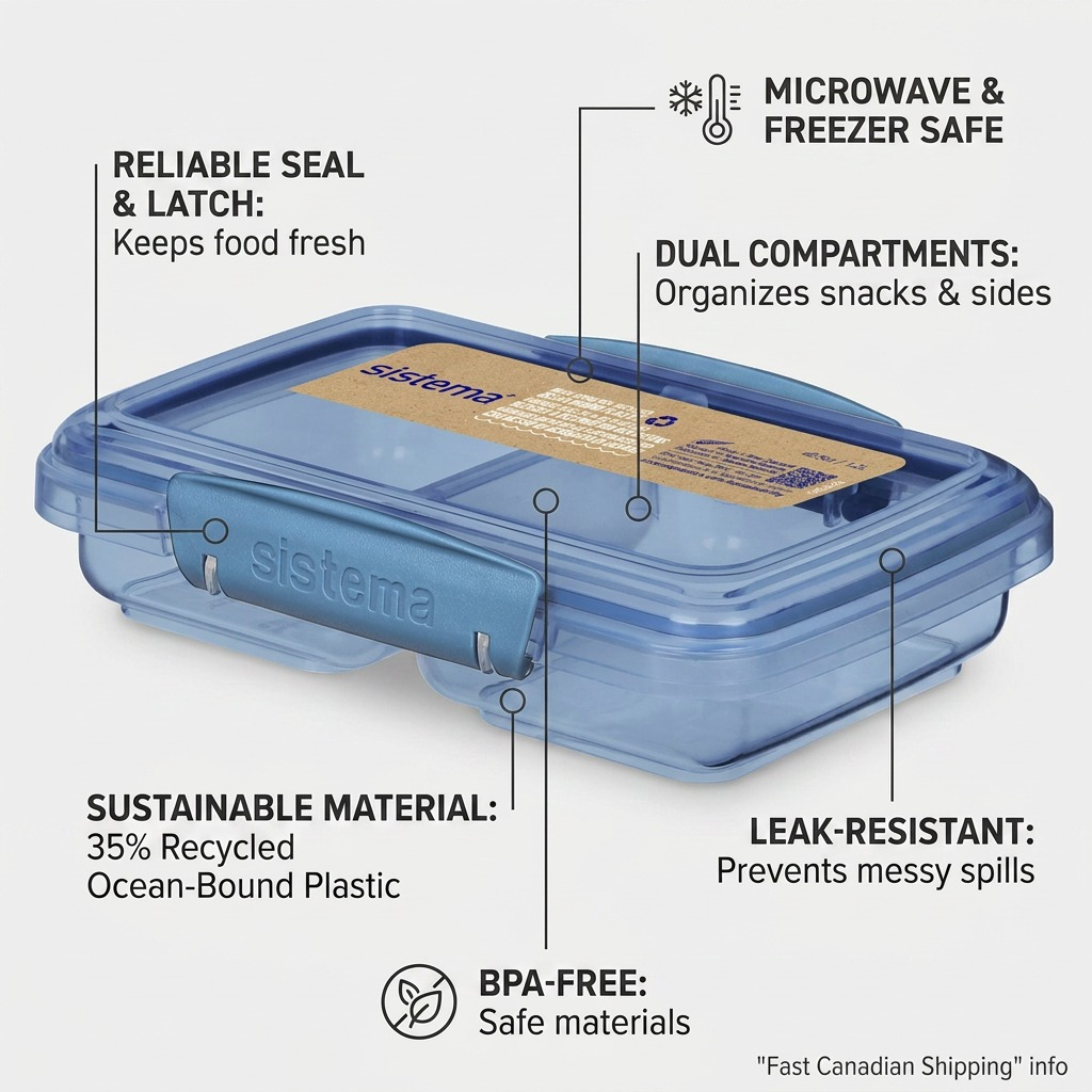 Sistema divided 350mL container with material, seal, dual compartments, and safety feature callouts.