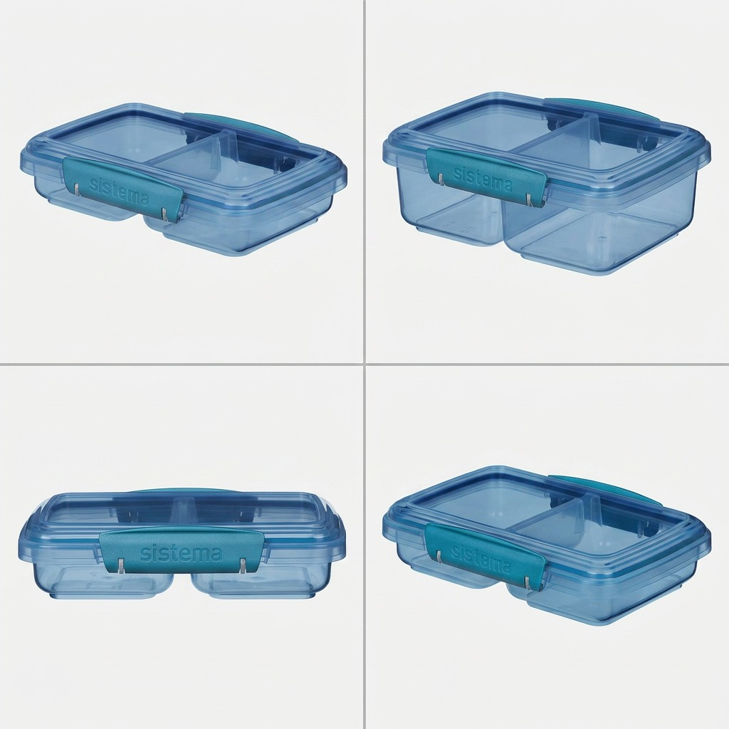 A multi-angle configuration matrix displaying four blue Sistema containers, highlighting their 2-compartment internal structure.