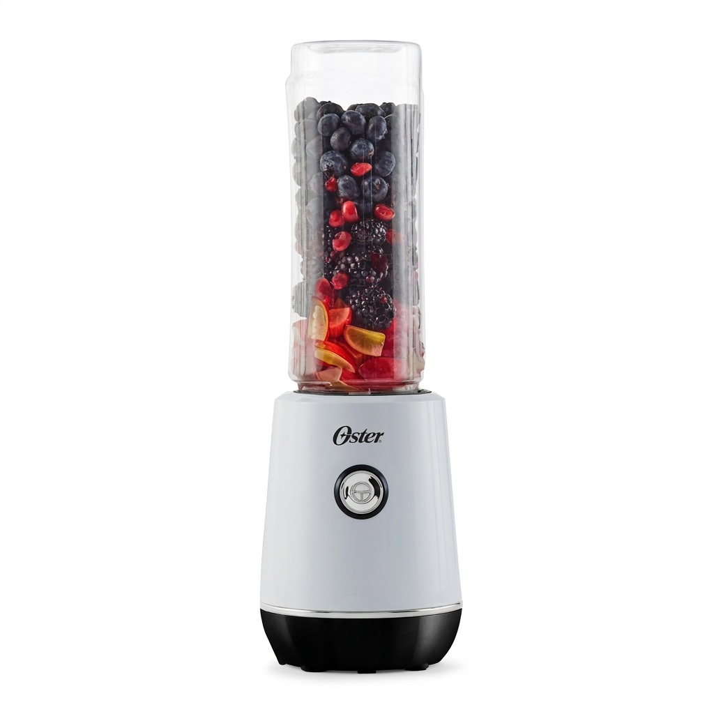 An elevated e-commerce hero shot of the Oster MyBlend Plus 2130839 personal blender, white motor base with 'Oster' logo and a single black-rimmed control button, featuring a 20 oz. Tritan sport bottle filled with blackberries, blueberries, pomegranate seeds, and peach slices against a seamless pure white background with a subtle, clean shadow underneath for scale, displaying realistic materials, precise product geometry, and a crisp, focused finish suitable for a premium product detail page.
