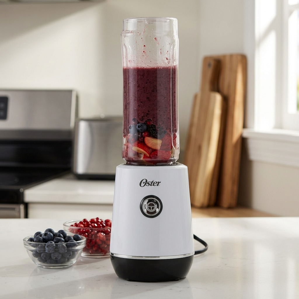 Lifestyle photo of the white and black Oster MyBlend Plus blender on a clean, modern kitchen counter, filled with a mixed berry smoothie.