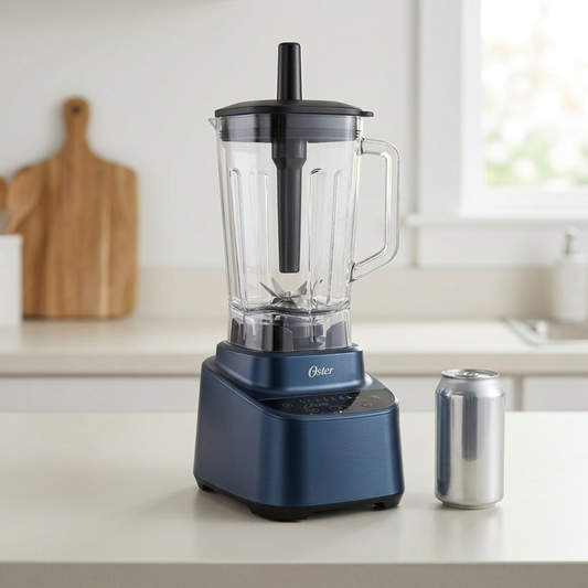 Scale reference: The Oster blender, precisely as referenced, is placed on a modern kitchen counter beside a standard 12 fl oz can. A blurred window and cutting board provide realistic context, showing the product's true size.