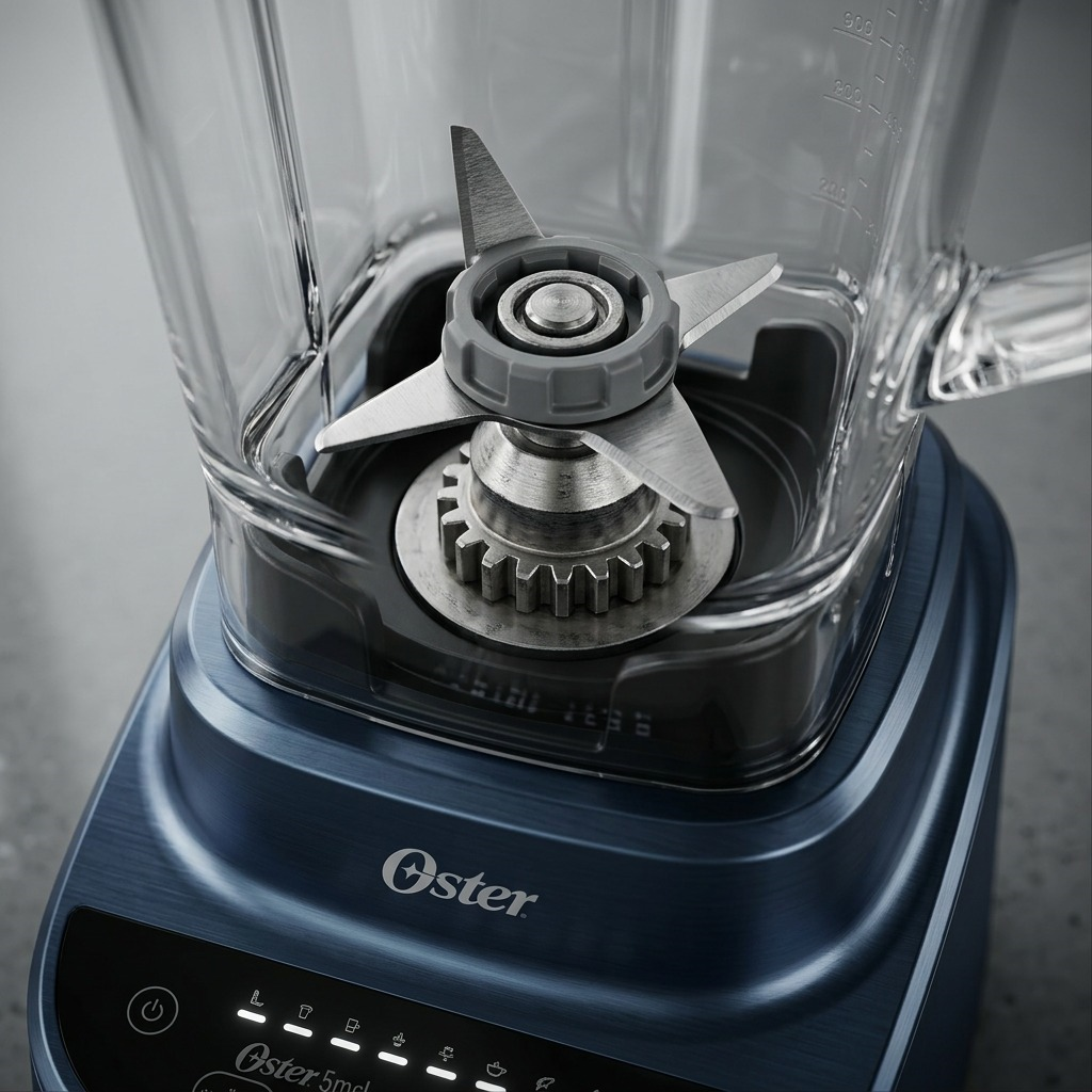 Extreme macro view of the Oster XL blender's blade-shaft connection to the metallic base, with text "Oster"