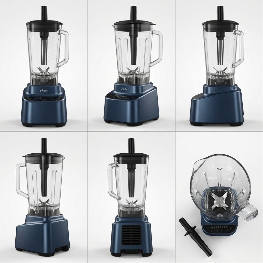 A visual grid showcasing the Oster XL Professional Blender in different, clean angles, including front, side, and rear views.
