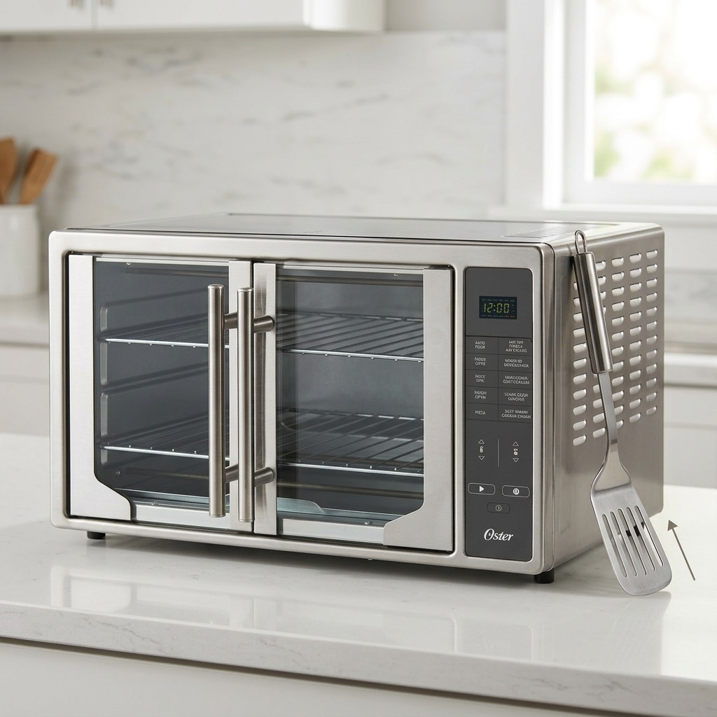 Oster Digital French Door Air Fry Oven size reference with kitchen spatula