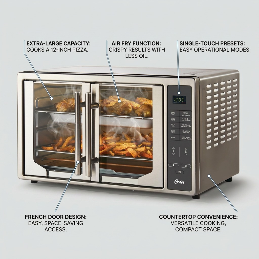 Oster Digital French Door Air Fry Oven feature callout graphic