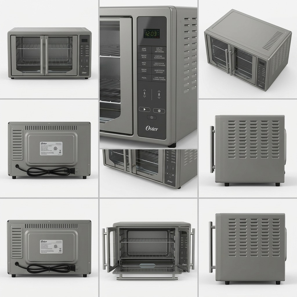 Oster Digital French Door Air Fry Oven shown from six angles