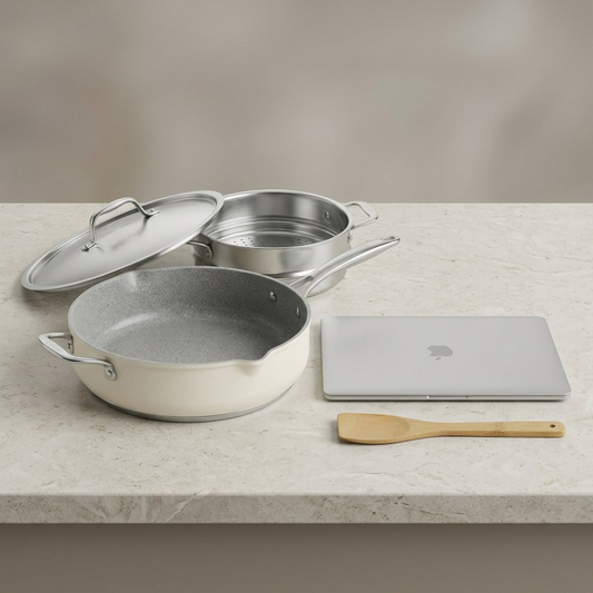 Scale reference: The Tramontina cookware set next to a standard closed MacBook Air.